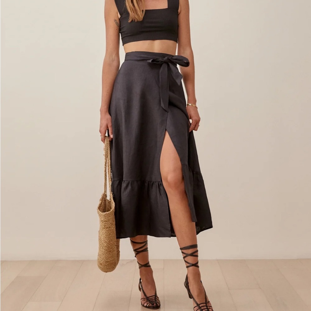 Reformation Julep Black Wrap Midi Skirt with Tie Waist
